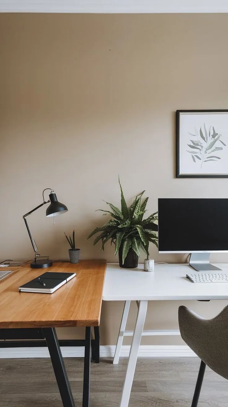Clean lines and functional design define this minimalist home office. The dual desk setup, featuring both a crisp white and warm wood surface, provides ample workspace for focused productivity, complemented by the calming presence of greenery. A perfect blend of aesthetics and functionality for a productive workday.