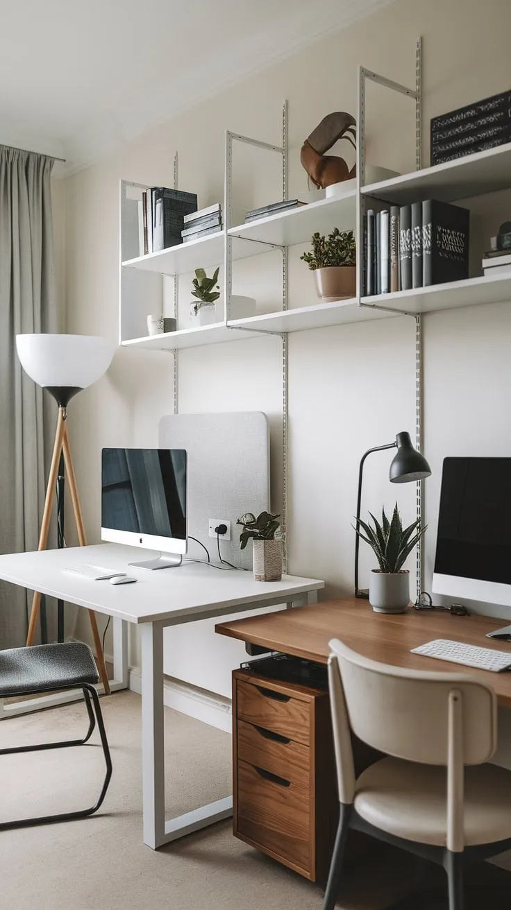 This dual-desk setup is the epitome of modern minimalist design. The contrasting white and wood desks, each equipped with a monitor, lamp, and plant, offer a flexible and aesthetically pleasing workspace. The clean white walls and simple shelving create a sense of calm and spaciousness, perfect for boosting concentration and fostering creativity. A haven for productivity and inspiration.