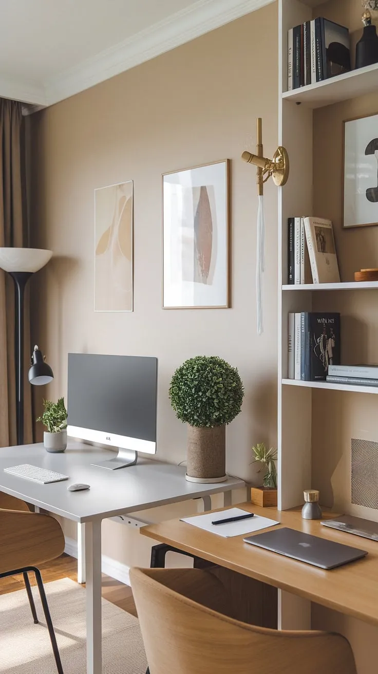 A serene workspace designed for seamless collaboration and individual focus. The minimalist aesthetic, with its blend of white and wood, creates a calming atmosphere conducive to productivity. A perfect blend of form and function, this home office effortlessly balances style and practicality.