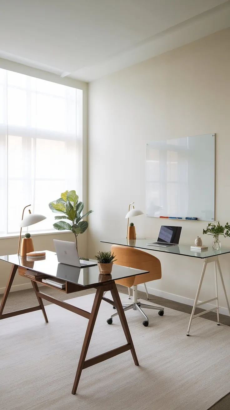 Sunlight streams into this minimalist home office, illuminating the dual desk setup-a warm wooden desk for focused work and a sleek glass desk for collaborative projects. The space effortlessly blends functionality and style, creating the perfect environment for productivity and inspiration. A testament to the power of thoughtful design.