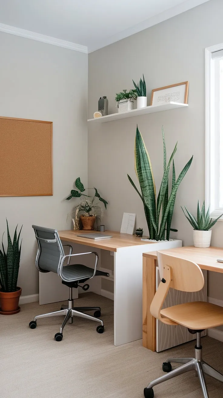 This modern home office boasts a clean, minimalist design, perfect for focused work or collaborative projects. The dual desk setup, featuring both white and wood, offers a versatile workspace, enhanced by the addition of indoor plants and a practical corkboard. A sanctuary of calm and efficiency, this space effortlessly blends style and functionality.