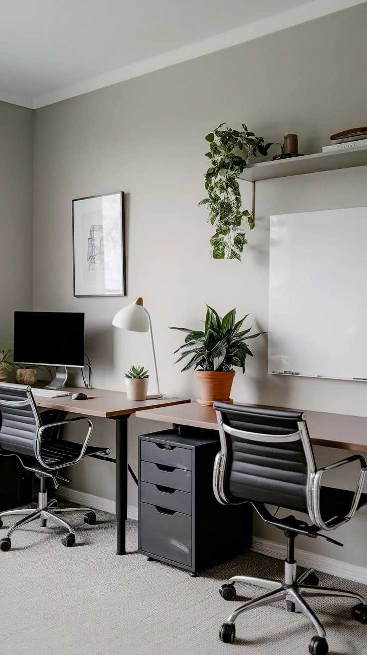 This minimalist home office, bathed in natural light, offers a serene and productive workspace. The dual desks, each thoughtfully equipped with a lamp and a touch of greenery, create an ideal environment for focused work or collaborative projects. A perfect blend of functionality and style.