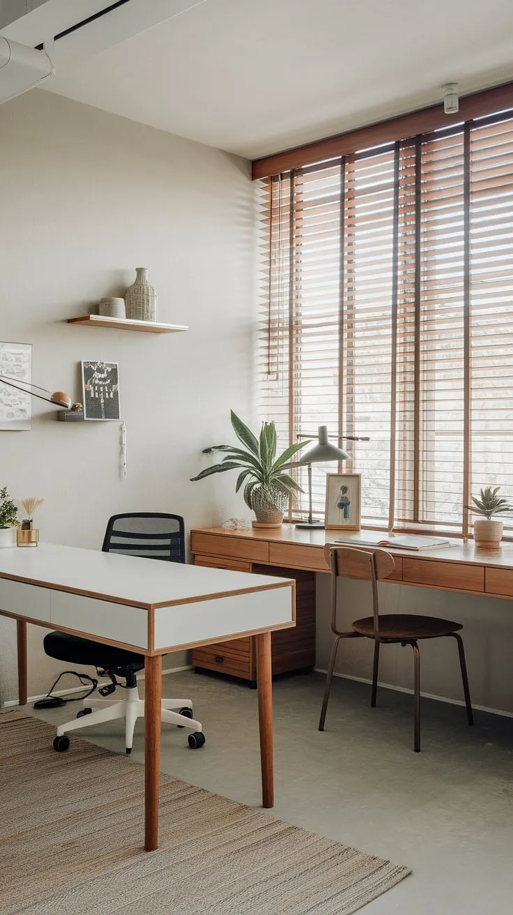 This thoughtfully designed home office seamlessly blends functionality and aesthetics. The contrasting white and wooden desks offer distinct work zones, while the natural light and minimalist decor create a calming and productive environment. A perfect space to cultivate both focus and inspiration.