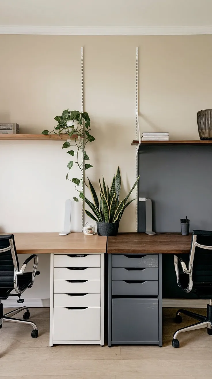 This minimalist home office, featuring a dual desk setup with contrasting white and dark grey surfaces, provides the perfect workspace for focused productivity. The addition of a potted plant and warm wooden accents creates a calming and inspiring atmosphere. A testament to the power of thoughtful design in achieving a functional and aesthetically pleasing space.
