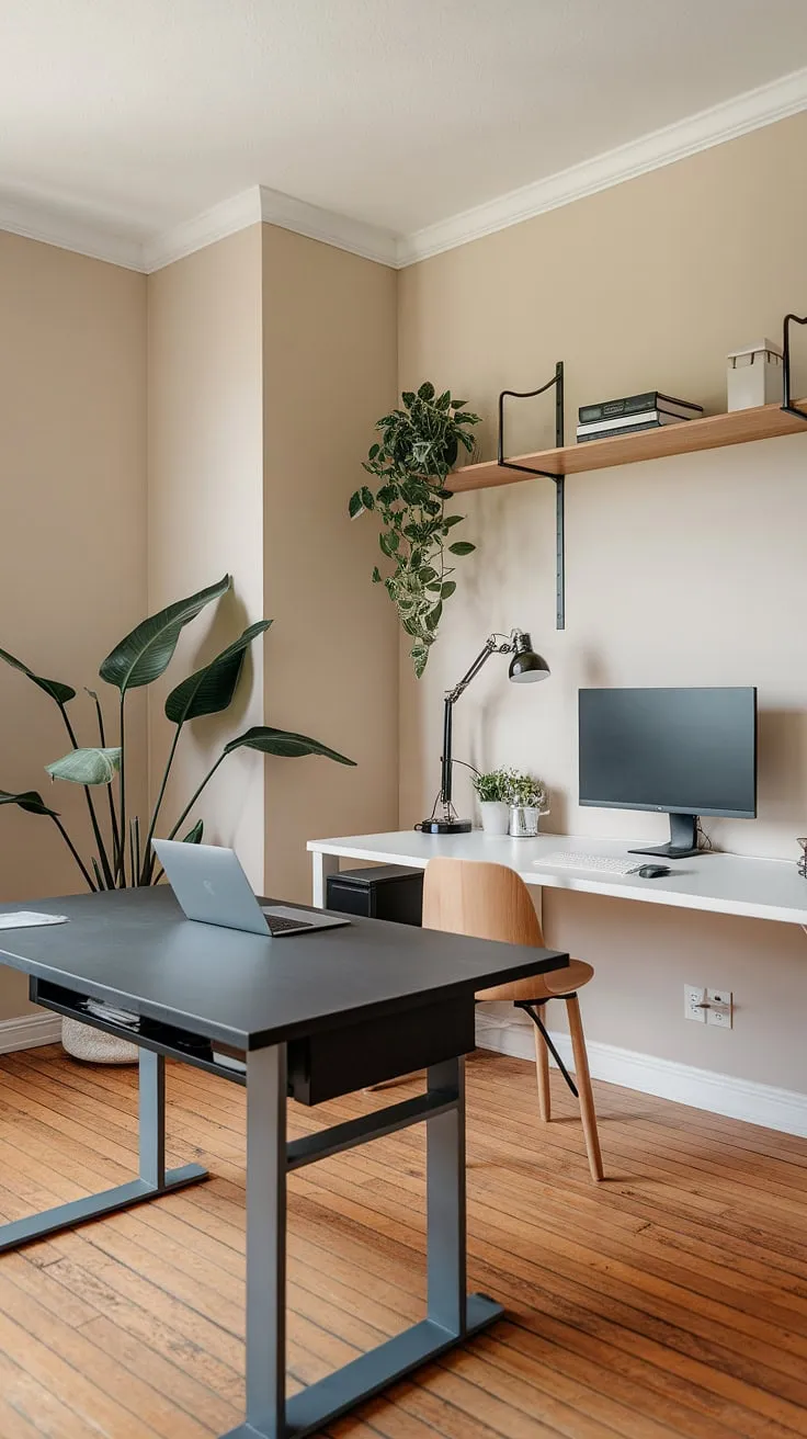 Where minimalist design meets maximum productivity. This dual desk setup, featuring a sleek white workspace and a sophisticated dark gray counterpart, provides the perfect balance of style and functionality for a focused and inspiring work environment. The natural wood accents and lush greenery add warmth and tranquility, creating an A-list home office that's both aesthetically pleasing and highly efficient.