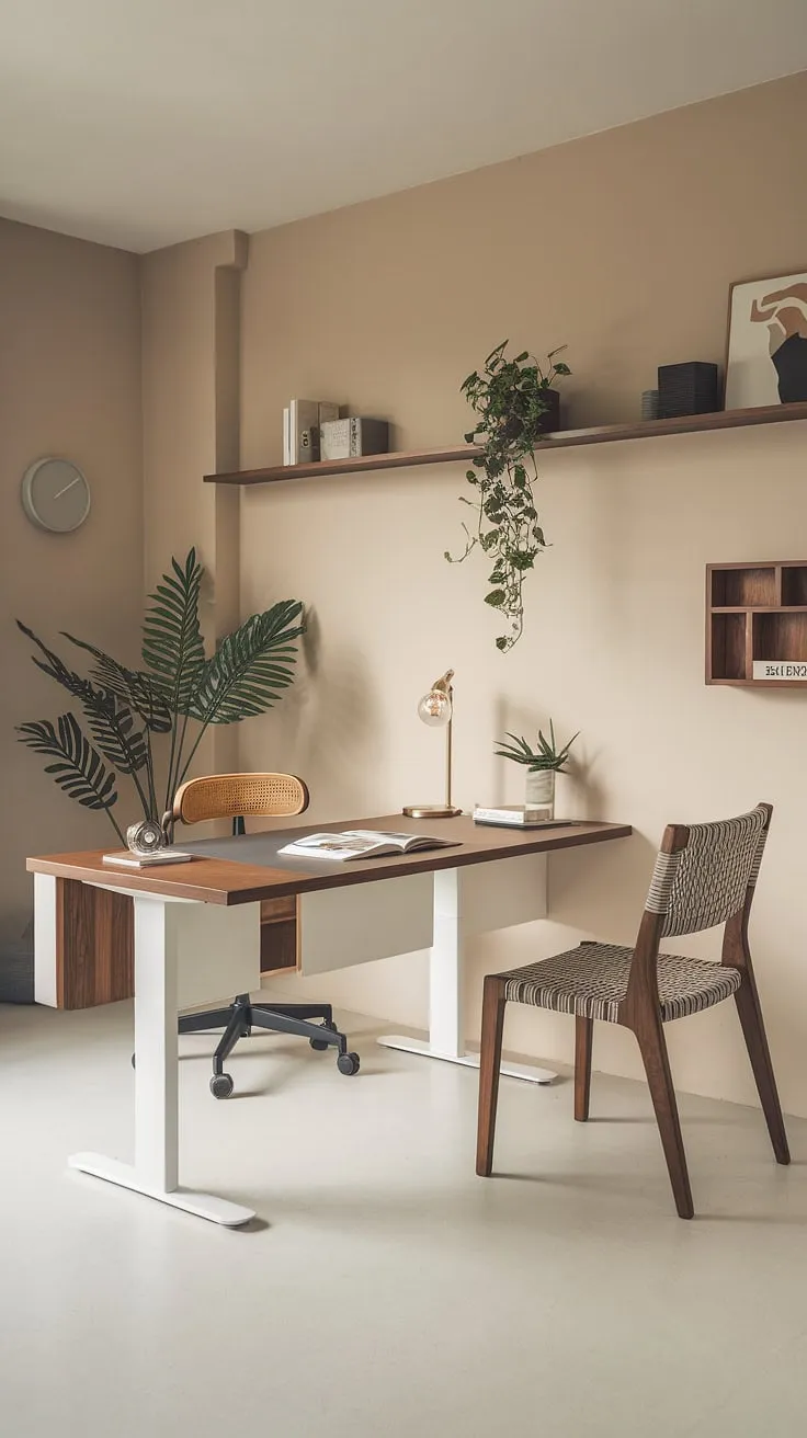 Clean lines and thoughtful design define this modern home office. The contrasting textures of the wooden and white desks offer distinct workspaces, while the carefully chosen accessories add personality without compromising the minimalist aesthetic. A space designed for both focused work and creative inspiration.