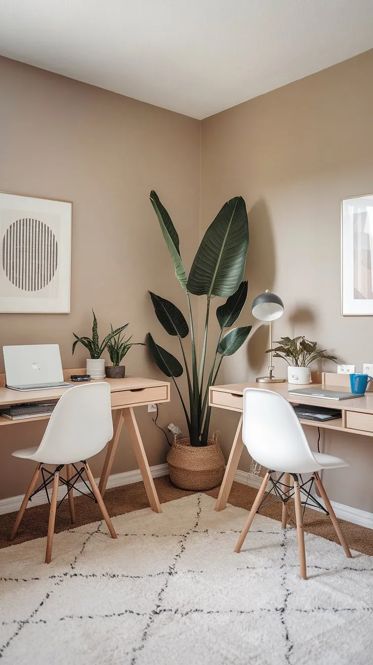 A serene workspace designed for focus and flow. The minimalist aesthetic, with its calming beige walls and ample natural light, creates an environment perfect for productivity. A sanctuary for creative energy and efficient work.