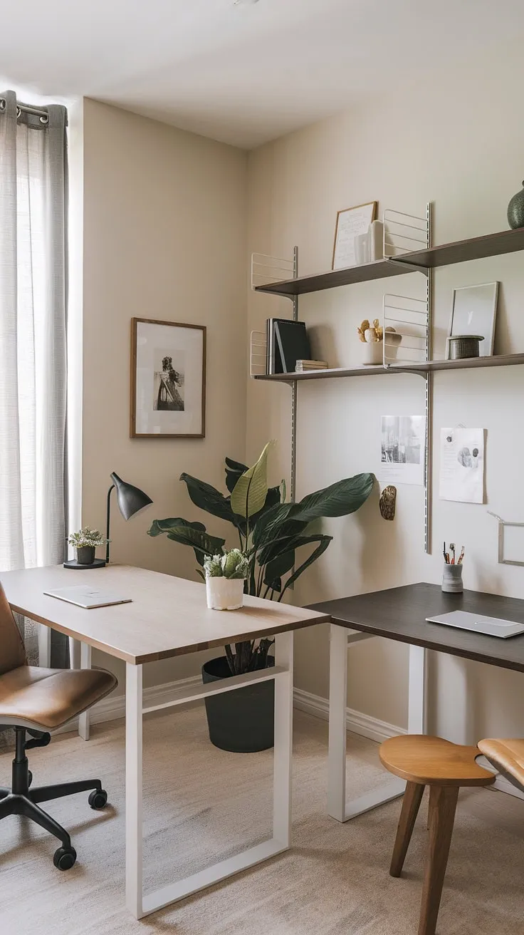 Where minimalist design meets ultimate productivity. This dual desk setup, featuring contrasting white and dark wood, provides the perfect workspace for focused collaboration or individual projects. The addition of a small plant and carefully chosen accessories creates a calming and inspiring atmosphere. A testament to the power of thoughtful design.