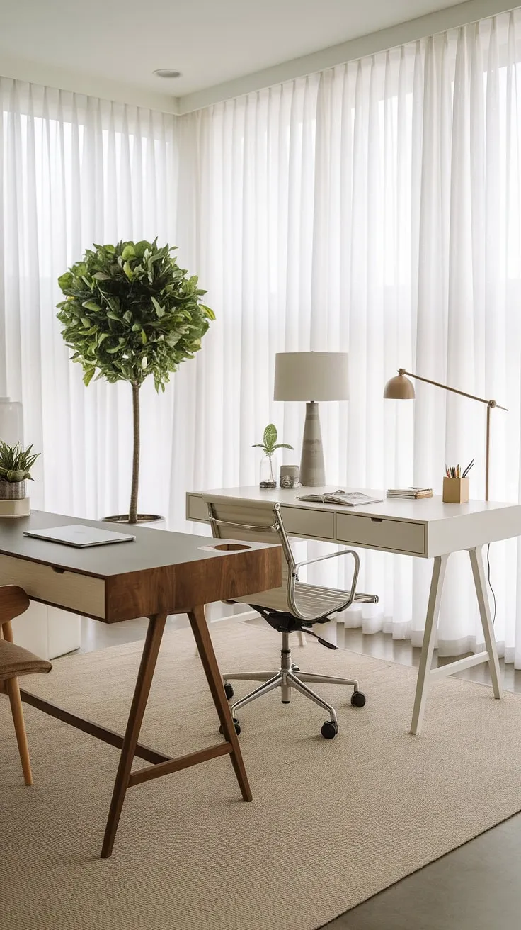 A minimalist home office designed for seamless productivity. The dual desk setup, one warm wood and one crisp white, offers distinct workspaces tailored to different needs, complemented by the calming presence of natural light and greenery. A perfect blend of form and function.