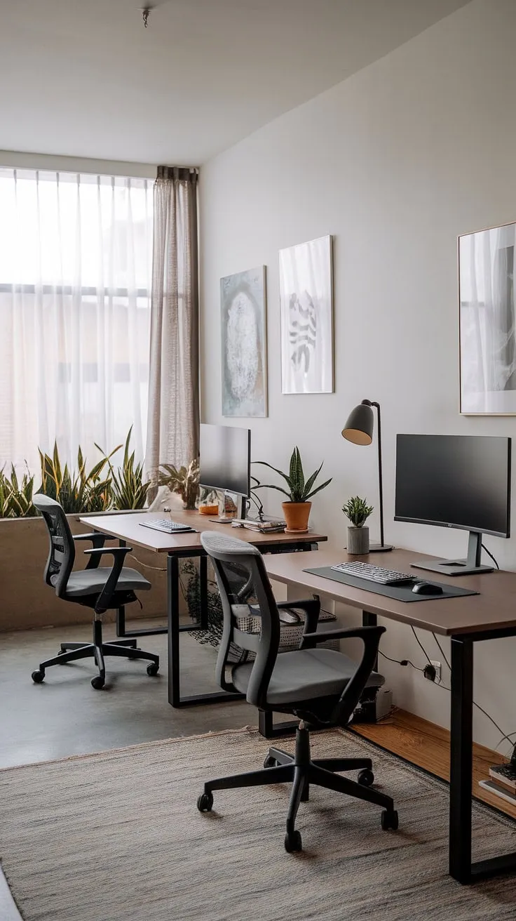 Where minimalist design meets maximum productivity. This home office, bathed in natural light from the large window, provides the perfect workspace for focused collaboration, with each desk offering a dedicated and inspiring environment. A calming atmosphere is created by the strategically placed plants and artwork, enhancing creativity and well-being.