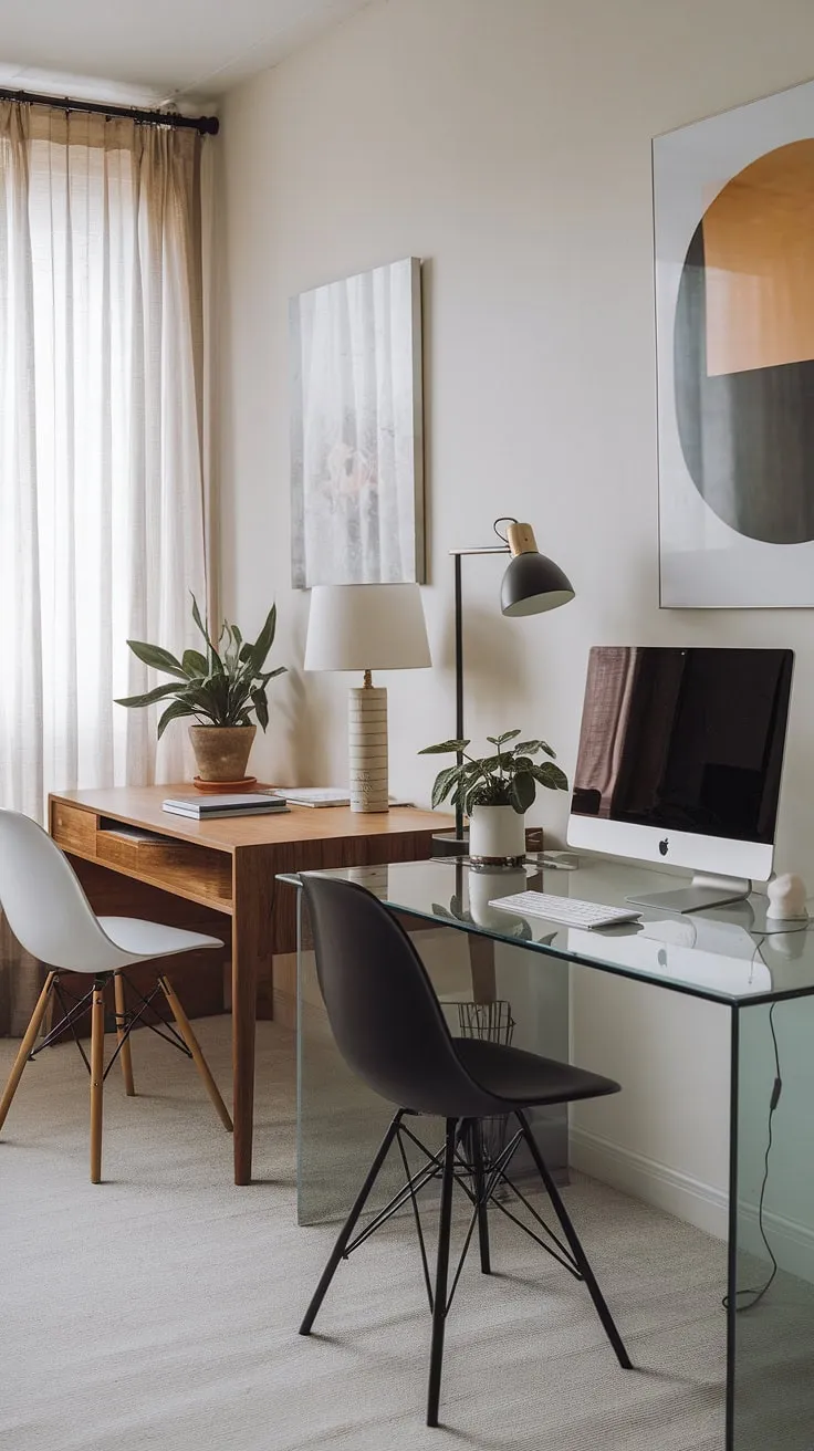 This home office effortlessly blends form and function. The contrasting textures of wood and glass, complemented by carefully curated details, create a sophisticated and inspiring workspace. A sanctuary for both individual and collaborative projects.