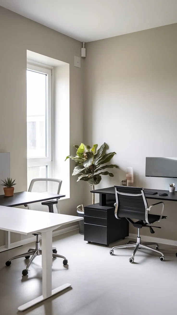 Work-life balance redefined. This dual desk setup, with its contrasting white and black workstations, offers the perfect blend of light and shadow, productivity and calm. A touch of greenery adds life to the minimalist space, creating an inspiring environment for any project.