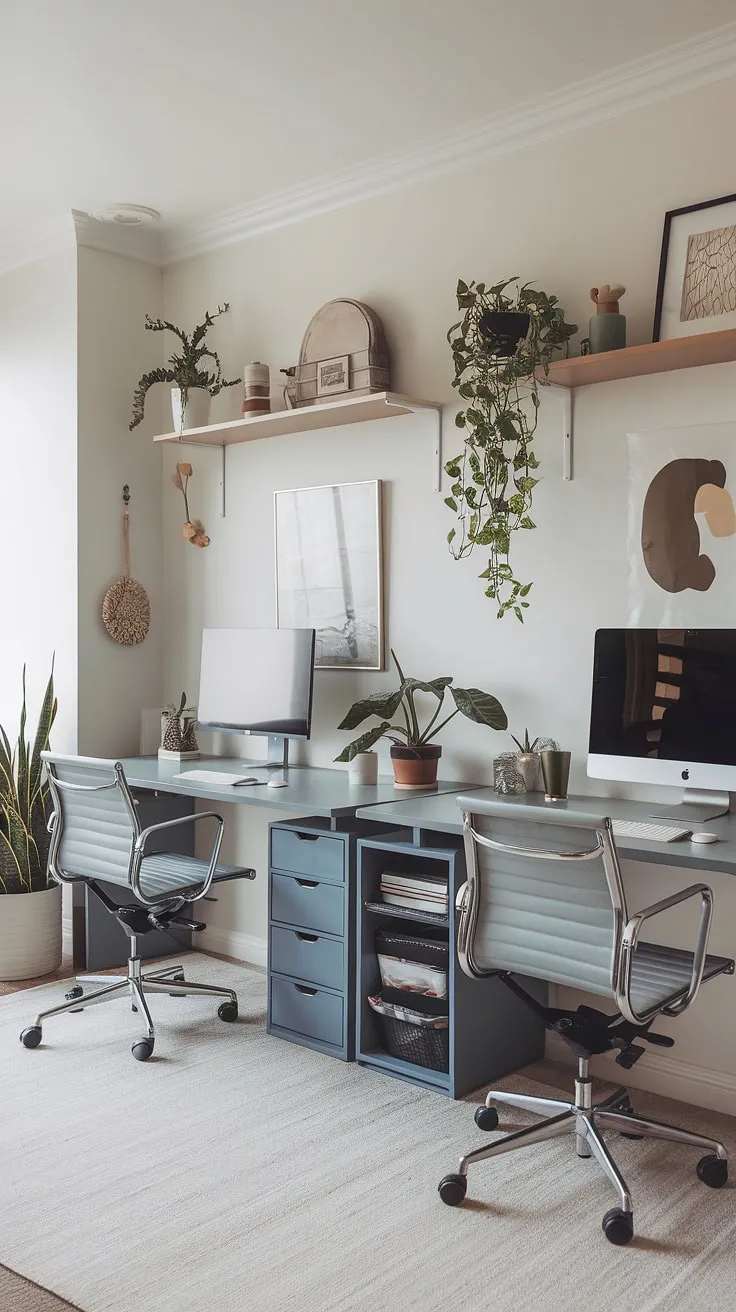 This minimalist home office, featuring a dual desk setup, provides ample space for focused work and creative collaboration. The clean lines and neutral palette create a calming atmosphere, perfect for boosting productivity. A touch of greenery adds a refreshing element to this functional and stylish workspace.