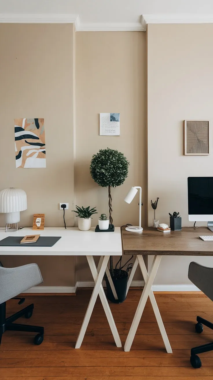 This dual desk setup is the epitome of modern home office design. A blend of clean lines, natural elements, and thoughtful organization, this space effortlessly balances functionality and aesthetic appeal, providing the perfect environment for productivity and well-being. The subtle color palette and carefully chosen accents create a truly inspiring workspace.