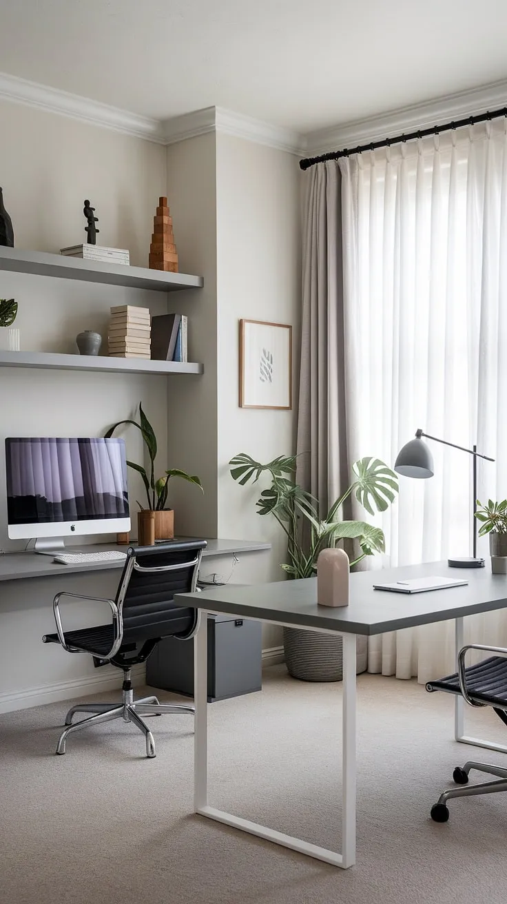 A minimalist haven designed for ultimate productivity. The dual desk setup, featuring both white and gray workspaces, offers ample room for focused work and creative collaboration. A perfect blend of functionality and style, this home office is a testament to the power of clean lines and thoughtful design. A calming atmosphere is achieved through the strategic placement of plants and soft lighting.
