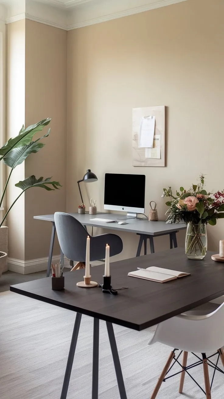 This minimalist home office is a sanctuary of calm and creativity. The neutral palette, punctuated by pops of greenery and natural light, fosters a sense of tranquility. A space designed for deep work and quiet contemplation.
