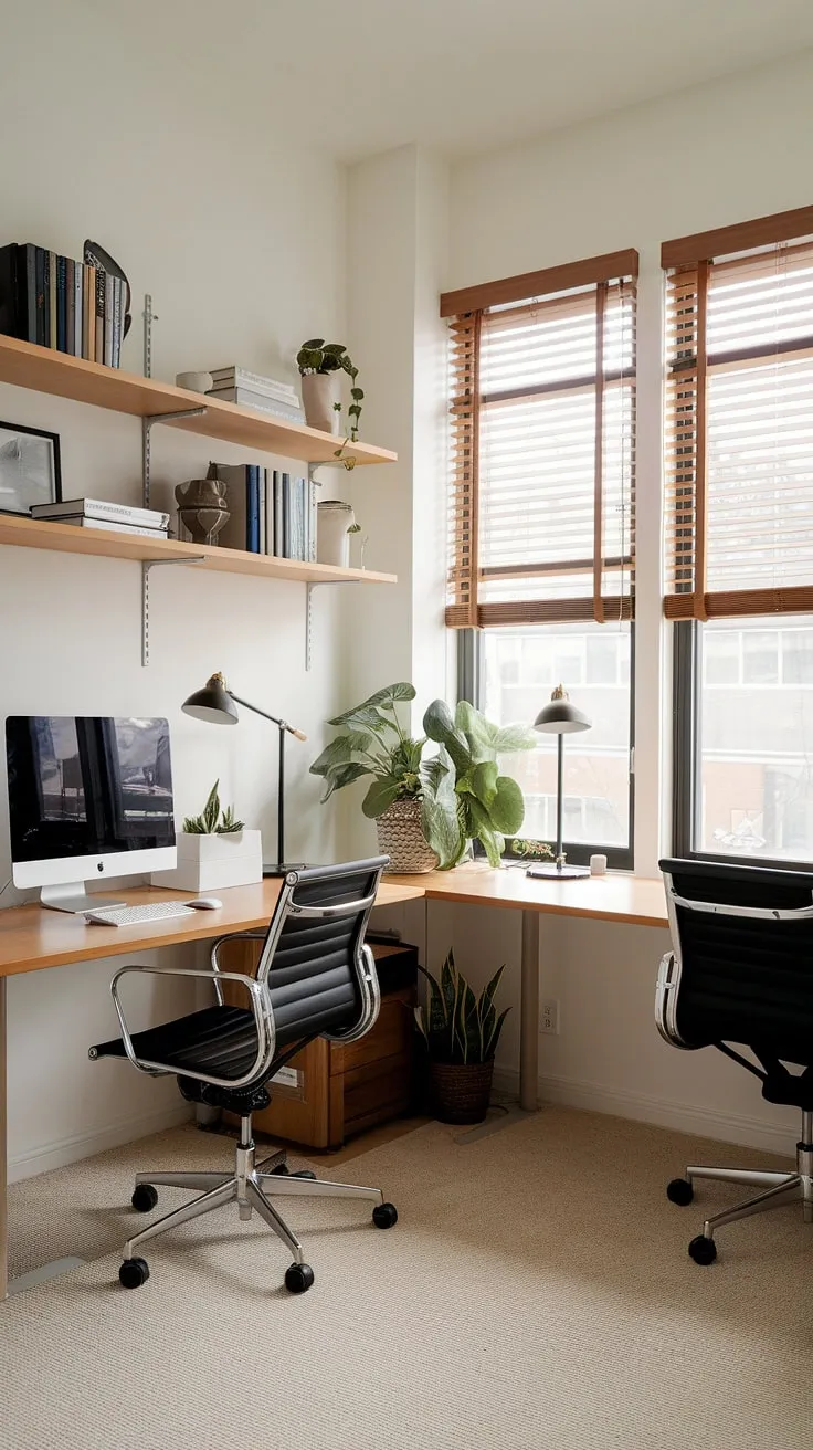 Sunlight streams through the wooden blinds, illuminating this minimalist home office. The dual desk setup, complete with ergonomic chairs and ample natural light, provides the perfect environment for focused work and creative collaboration. A calming space designed for productivity.