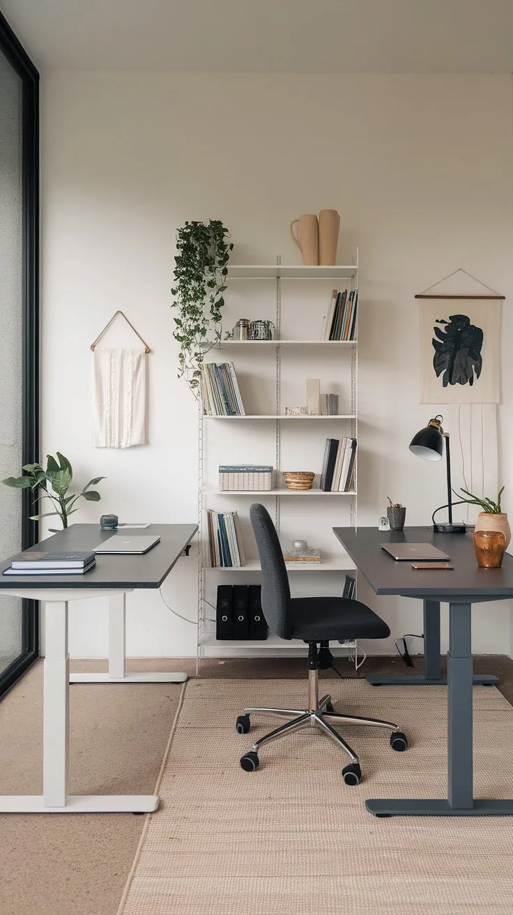 Where minimalist design meets ultimate productivity. This dual desk setup, featuring a crisp white workspace and a sophisticated dark grey counterpart, provides the perfect balance for focused work and creative inspiration. The ample natural light streaming in from the large window enhances the calming atmosphere, creating an ideal environment for achieving peak performance. A testament to how thoughtful design can elevate both functionality and aesthetic appeal.