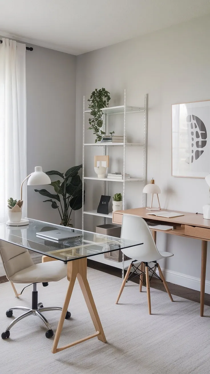 This dual-desk setup is a minimalist's dream. The contrast between the sleek glass and warm wood creates a visually appealing and highly functional workspace. The carefully curated accessories and soft grey palette contribute to a serene and productive environment, perfect for tackling any project.