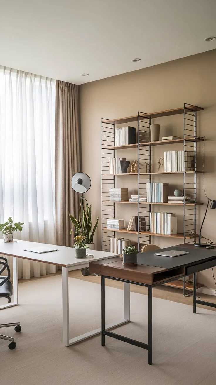 A sanctuary of calm amidst the chaos. This thoughtfully designed home office boasts a dual workspace, seamlessly blending contrasting aesthetics for a balanced and inspiring environment. The curated bookshelf, lush greenery, and soft lighting create a haven for focused work and creative flow, proving that functionality and beauty can coexist beautifully.
