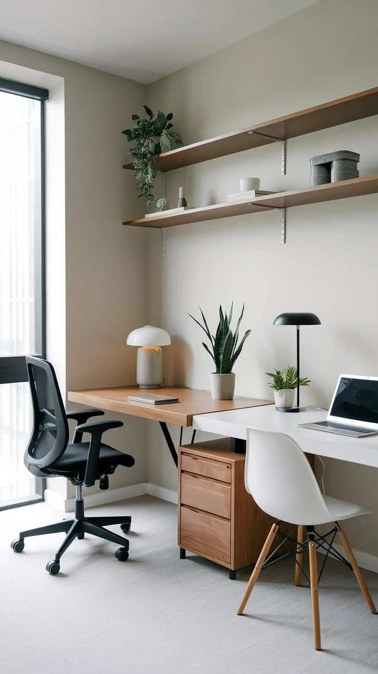 This serene home office boasts a minimalist aesthetic, showcasing a harmonious balance between work and tranquility. The dual desk arrangement, complete with natural light and carefully chosen accents, offers a productive and aesthetically pleasing environment. A perfect example of how a well-designed space can enhance focus and well-being.
