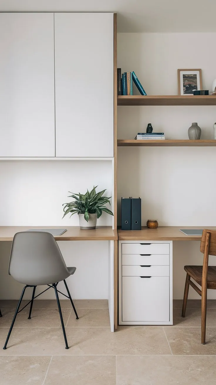 This dual desk setup offers the perfect blend of shared workspace and individual focus, ideal for a achieving a harmonious work-life balance. The clean lines and thoughtful design elements create a sophisticated and efficient home office environment.