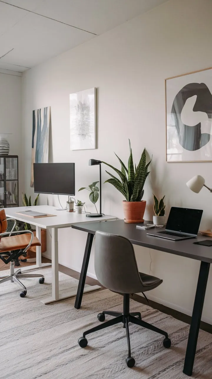 This modern home office blends clean lines and functional design with contrasting desks and curated decor, transforming work into an inspiring sanctuary.