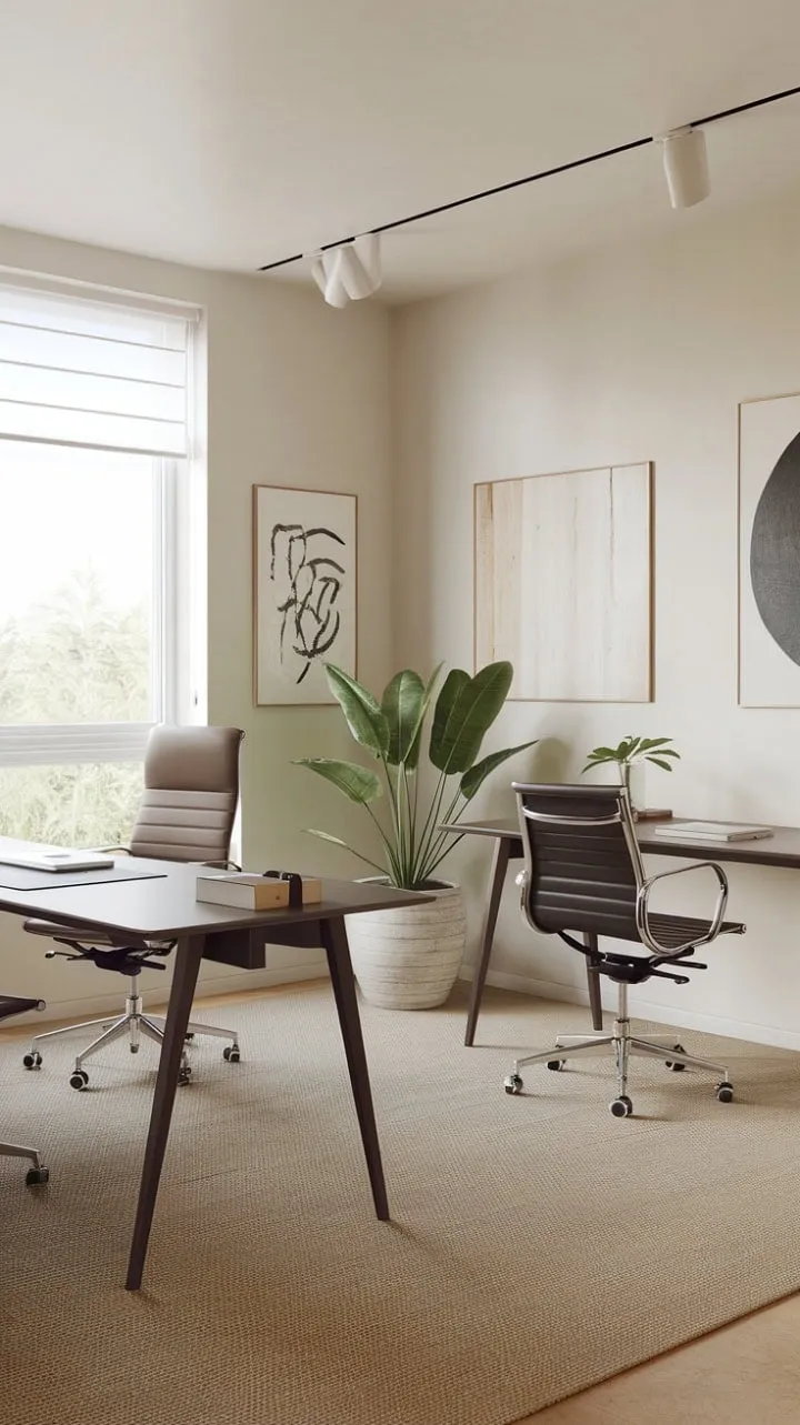 This stylish modern home office harmoniously combines functionality and aesthetics, featuring two sunlit desks and curated artwork that inspire creativity and collaboration.