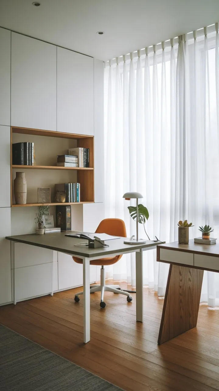 Bathed in sunlight, this minimalist home office harmoniously combines white and wood for a serene, versatile workspace that inspires creativity and productivity.