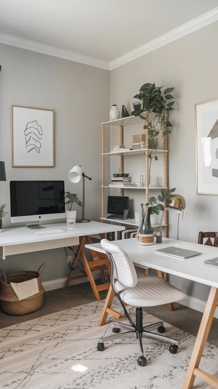 This dual desk setup harmoniously combines sleek minimalism with warm wood, creating an inspiring sanctuary for productivity and creativity.