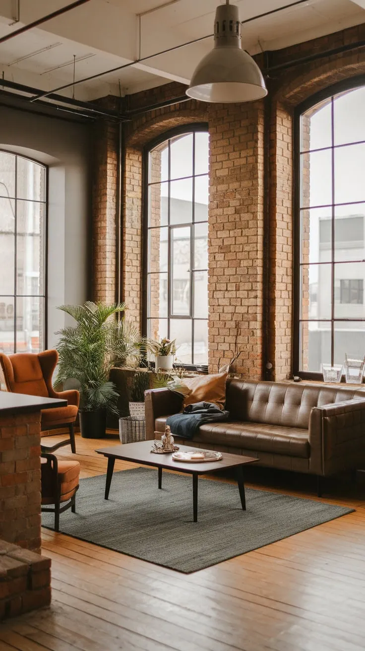 High ceilings, exposed brick, and large windows define this modern industrial living room's raw yet inviting aesthetic