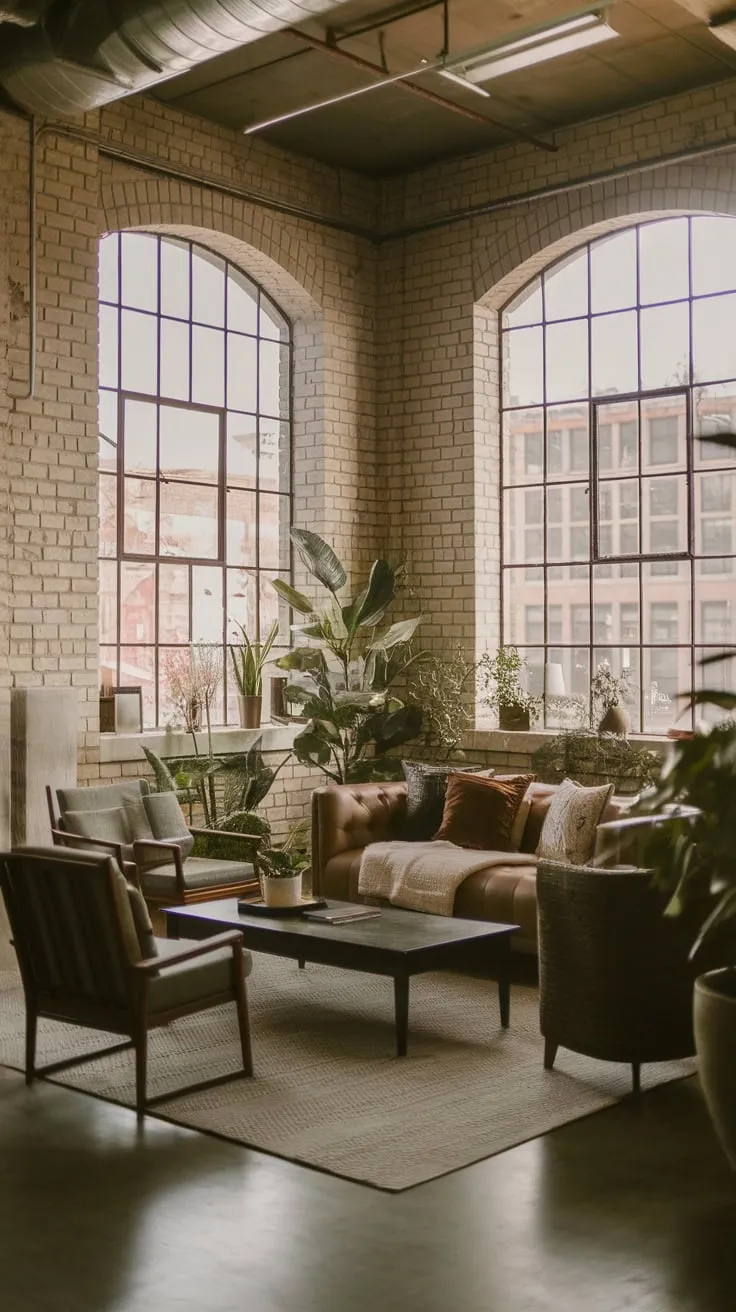 Warm light bathes exposed brick and high ceilings in a stylish industrial living room, furnished with comfort and greenery.