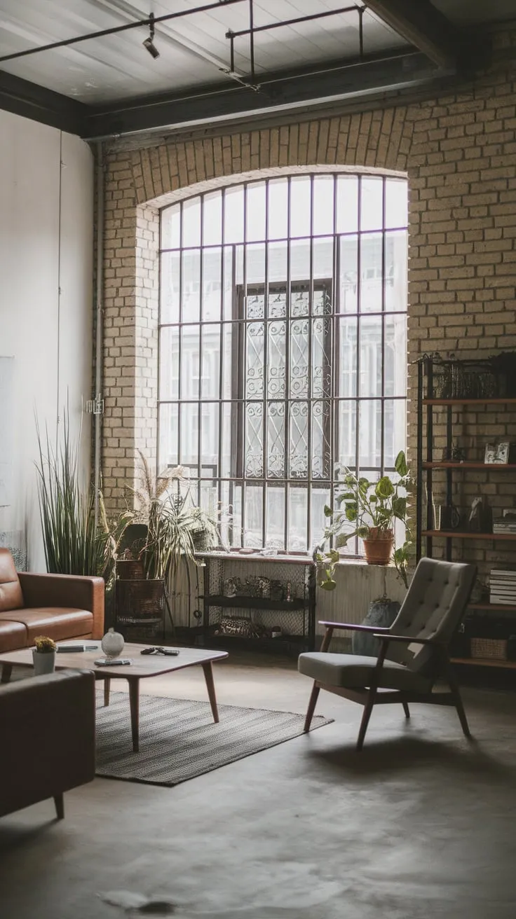 High ceilings, exposed brick, and iron-barred windows define this Japandi-inspired industrial living room's raw yet refined aesthetic