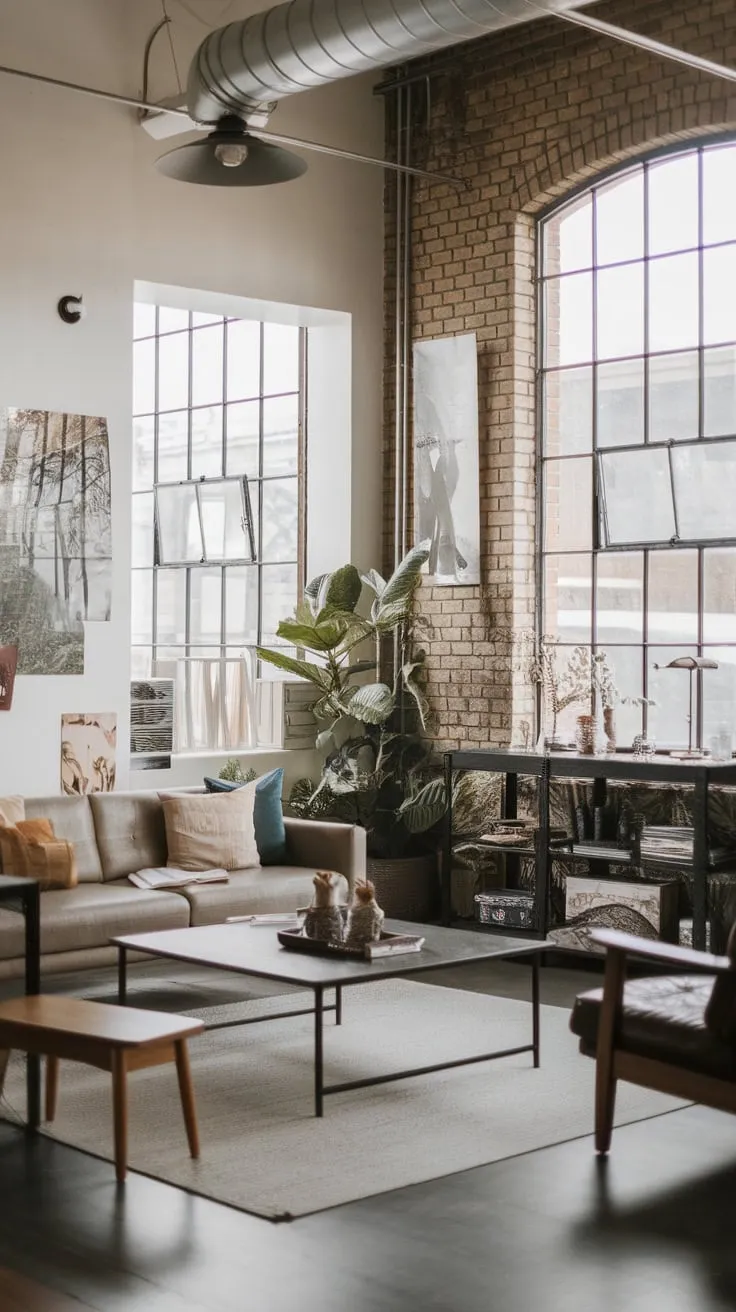 A comfy sofa and potted plant soften the raw industrial aesthetic of this Japandi-infused living space, highlighted by large windows and exposed brick.