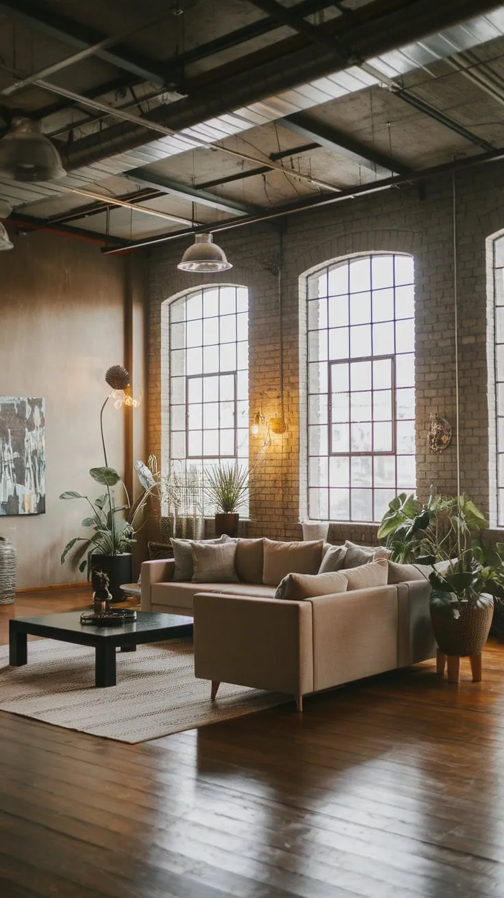 High ceilings, exposed brick, and warm wood flooring create a bright, modern industrial living room with Japandi accents.