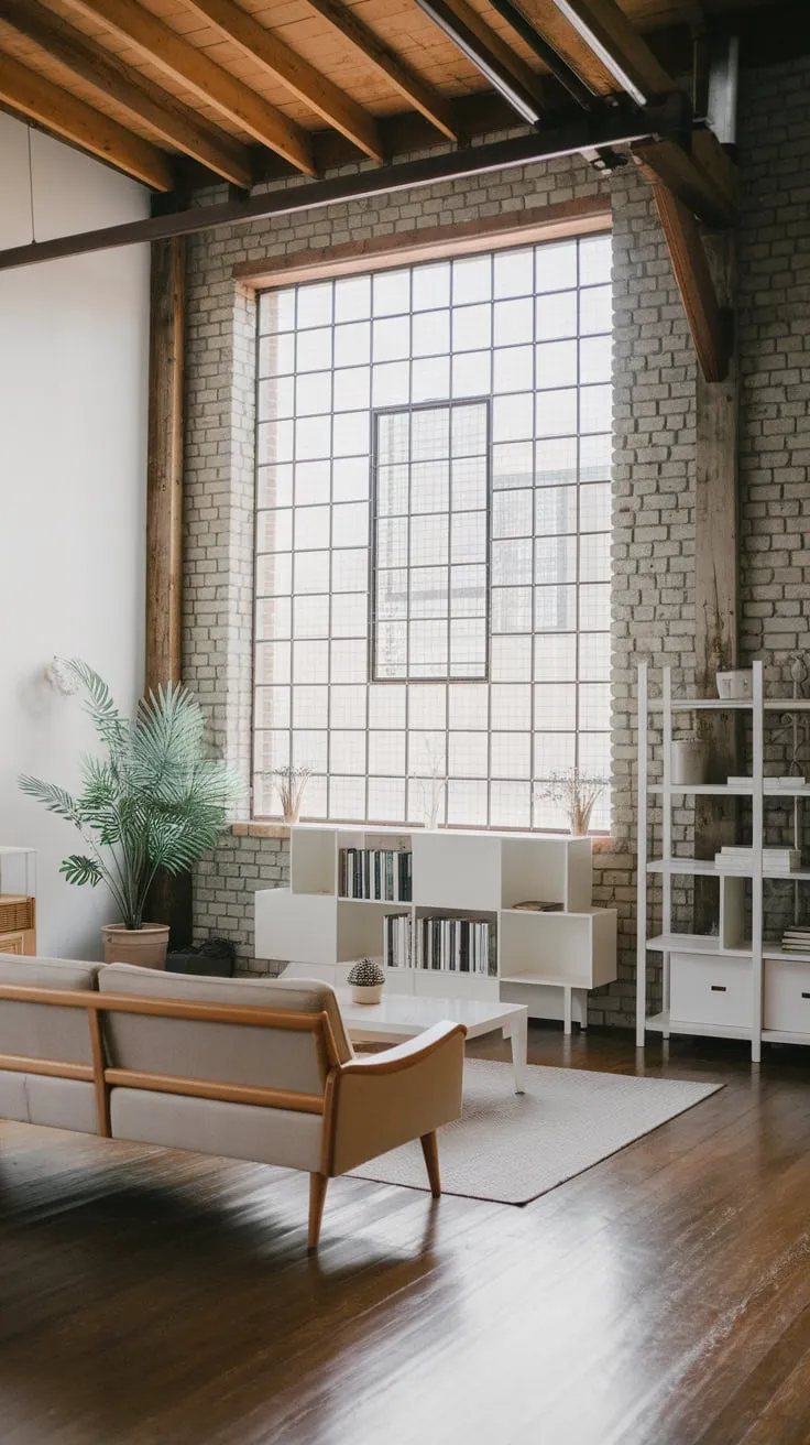 A modern industrial living room blends exposed brick and wooden accents with a calming Japandi aesthetic, creating a sophisticated and inviting space.