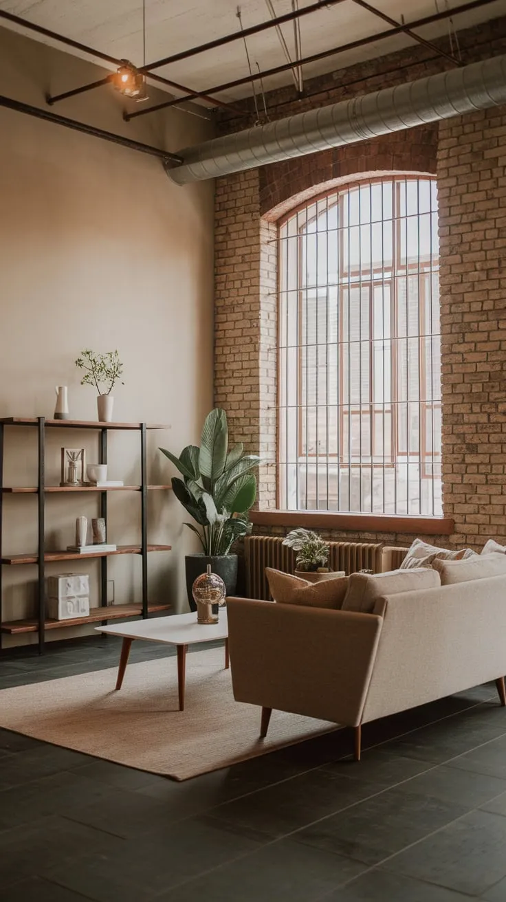 Exposed brick and high ceilings create a warm, inviting modern industrial living room, accented by a beige sofa and dark tile floors.