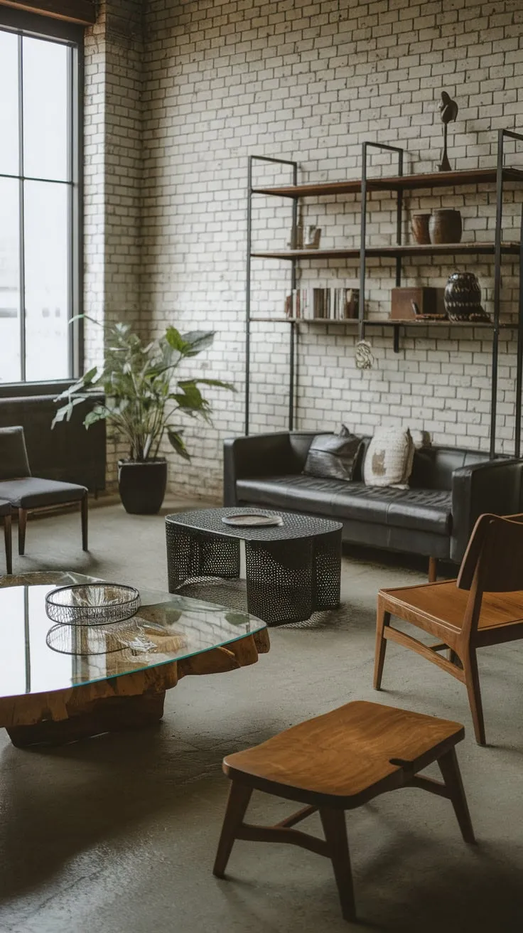 A modern industrial living room showcases raw textures—exposed brick, concrete, and metal—softened by natural wood and Japanese design elements.