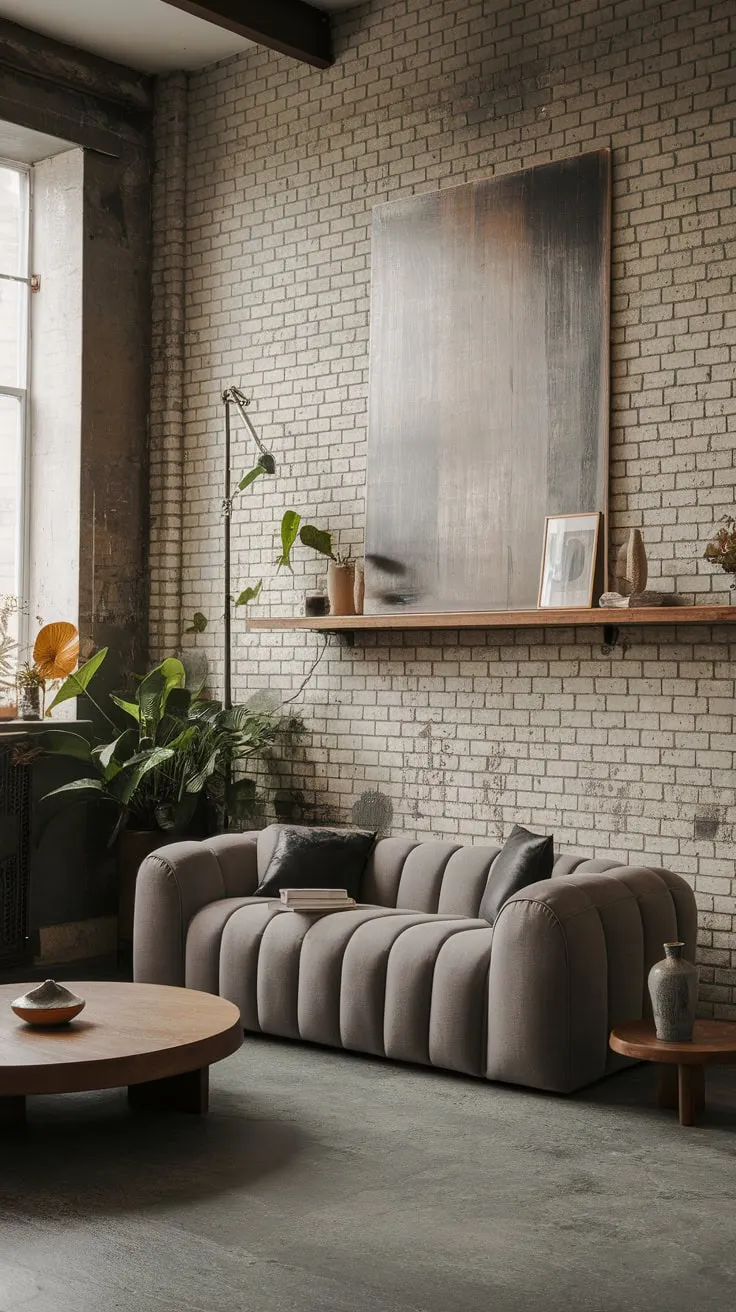 Exposed brick, warm wood, and a gray concrete floor create a sophisticated modern industrial living room with Japandi influences, highlighted by comfortable seating and curated artwork.