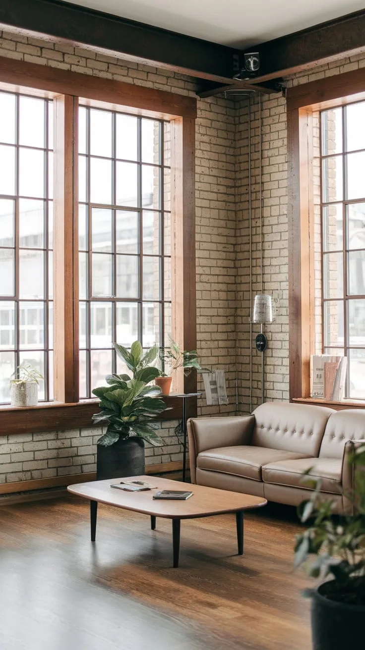 Exposed brick walls, wooden beams, and a beige sofa create a serene Japandi-inspired modern industrial living room.