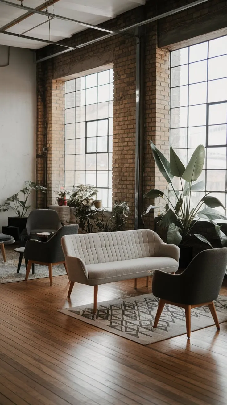 High ceilings, exposed brick, and oak floors create a bright, airy Japandi-inspired industrial living room, accented by grey furniture and lush greenery.