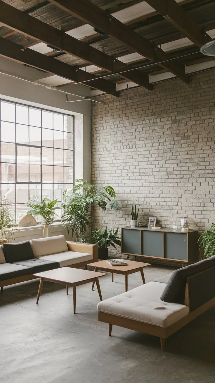 High ceilings and raw industrial elements create a calming yet stylish Japandi living room, complete with a comfortable L-shaped sofa and natural wood accents.
