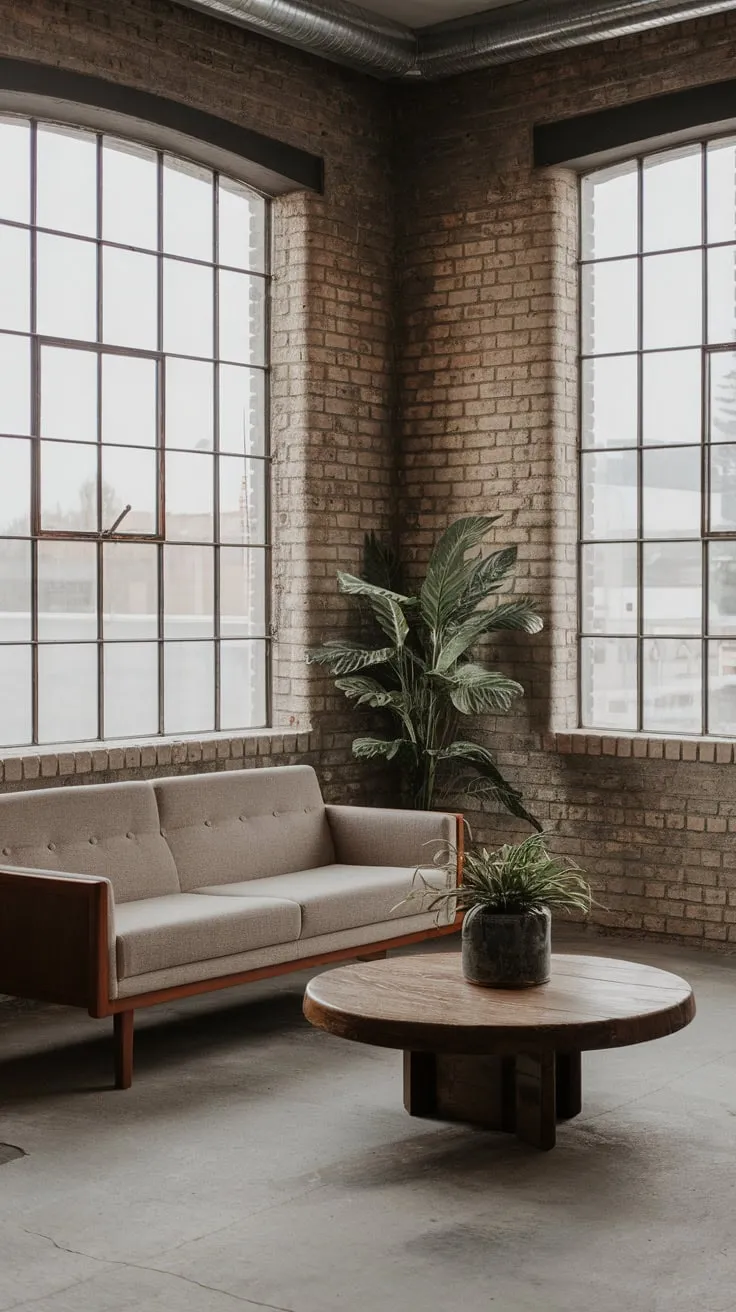 A concrete-floored living room with exposed brick walls, large windows, and wooden furniture showcases a sophisticated modern industrial design.