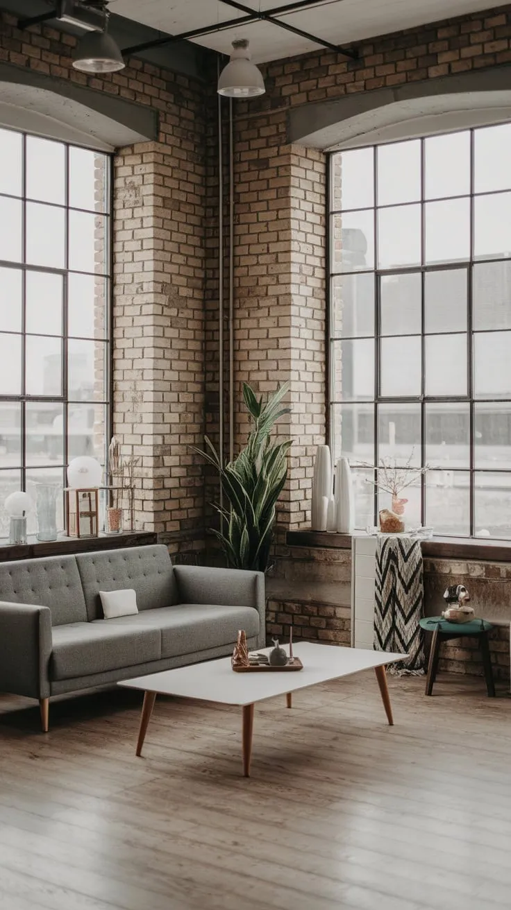 A gray sofa and wooden accents warm the spacious, light-filled industrial living room with Japandi influences.