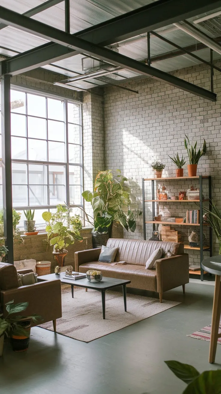 High ceilings and natural light bathe a cozy Japandi-inspired industrial living room featuring exposed brick, steel, and warm wood accents.