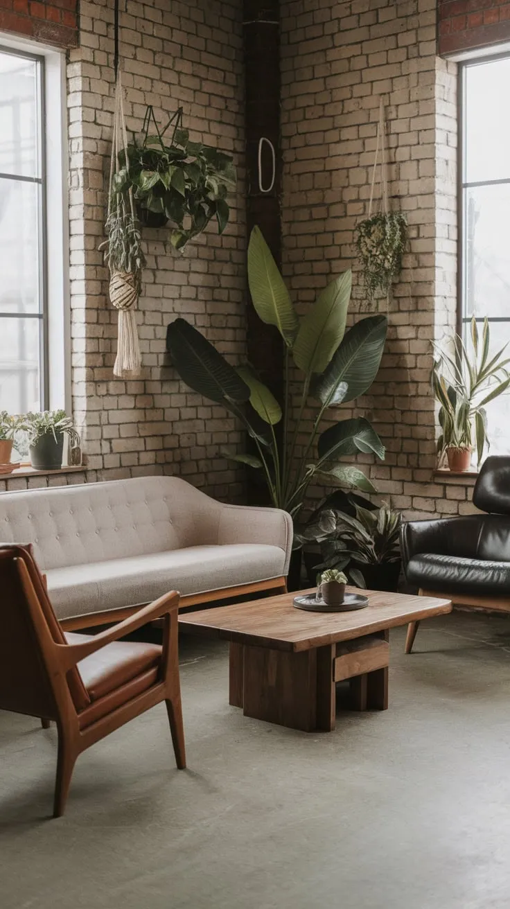 Exposed brick walls, concrete floors, and a blend of beige, wood, and black leather furniture create a stylish Japandi-inspired industrial living room.