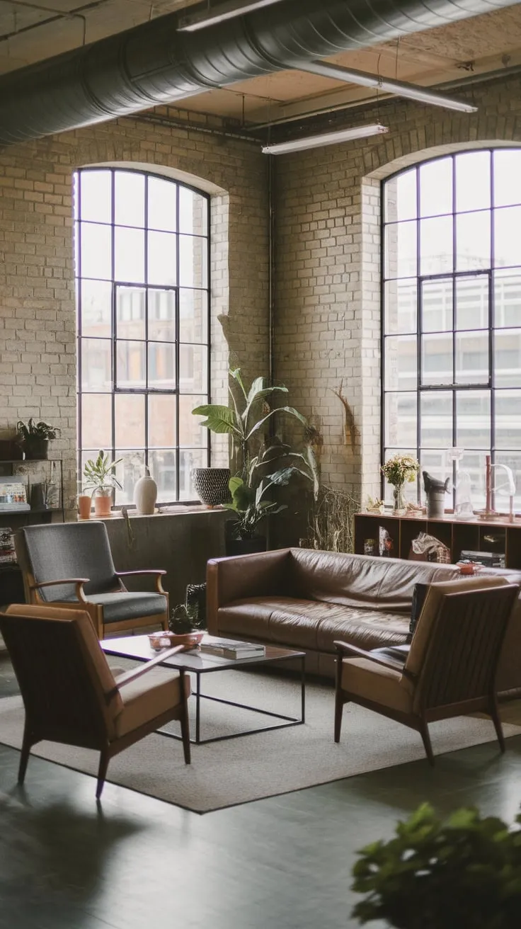 High ceilings and large windows bathe a modern industrial living room in warm light, its Japandi design accented by exposed brick and thoughtfully placed furniture.