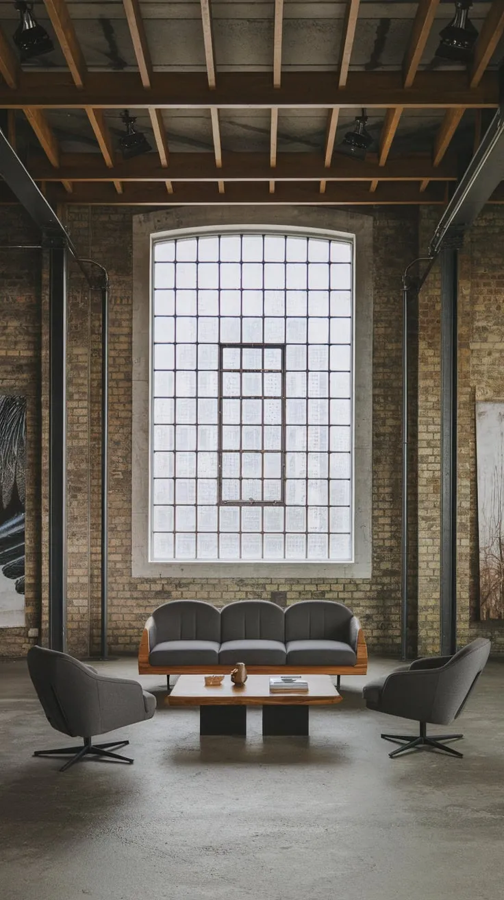 A gray sofa and wooden accents soften the stark beauty of this neo-industrial living space with its high ceilings and metal-gridded windows.