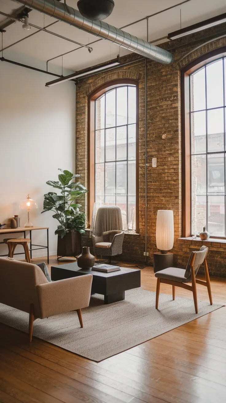 A beige sofa and minimalist decor highlight the spaciousness of this modern industrial living room with exposed brick and large windows.