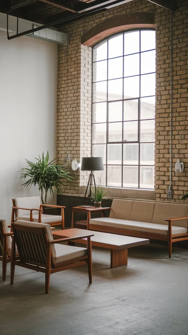 High ceilings, exposed brick, and natural wood furniture create a serene Japandi-inspired modern industrial living room.